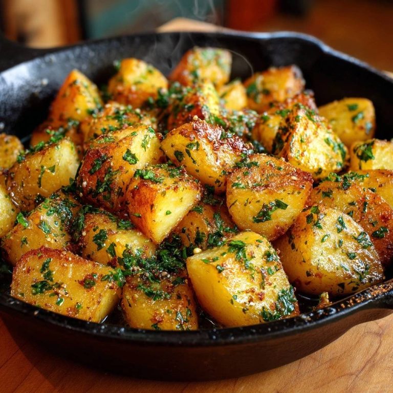 Knusprige Bratkartoffeln mit Petersilie, dampfend serviert in einer gusseisernen Pfanne auf einem Holztisch.