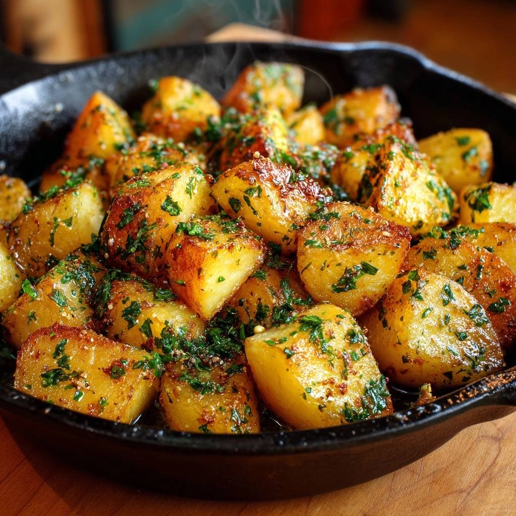Knusprige Bratkartoffeln mit Petersilie, dampfend serviert in einer gusseisernen Pfanne auf einem Holztisch.