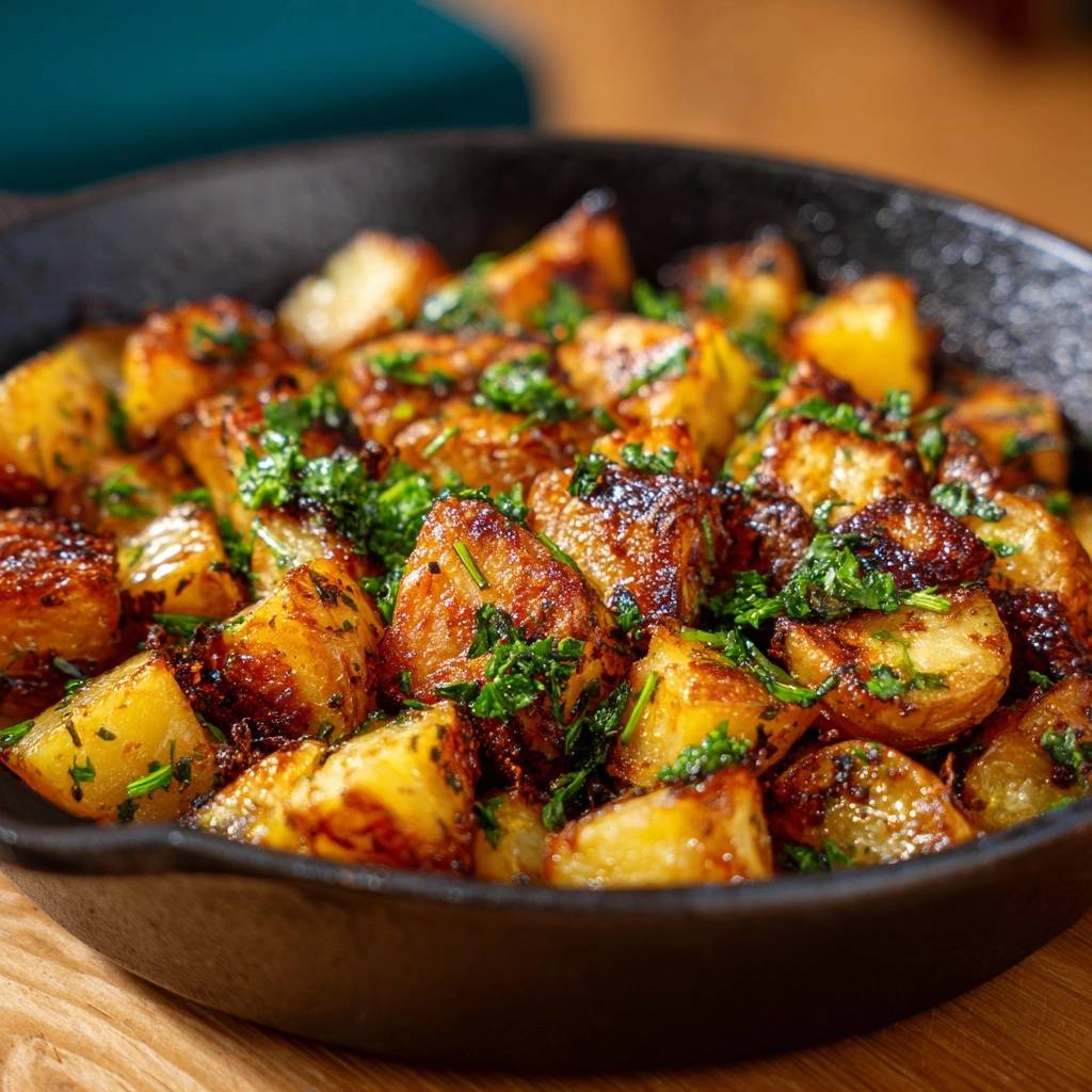 Knusprige Bratkartoffeln mit Petersilie, serviert in einer schwarzen Pfanne aus der Nähe.