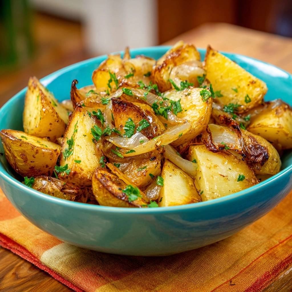 Knusprige Bratkartoffeln mit Zwiebeln in einer blauen Schüssel, garniert mit frischer Petersilie, Nahaufnahme.