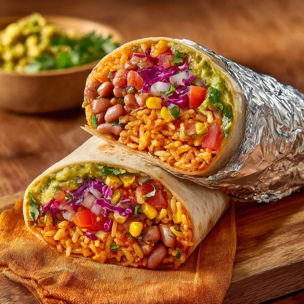 Bunte Veggie-Burritos, hier im angeschnittenen Zustand, zeigen das Innere mit Reis, Bohnen, Mais und Gemüse.
