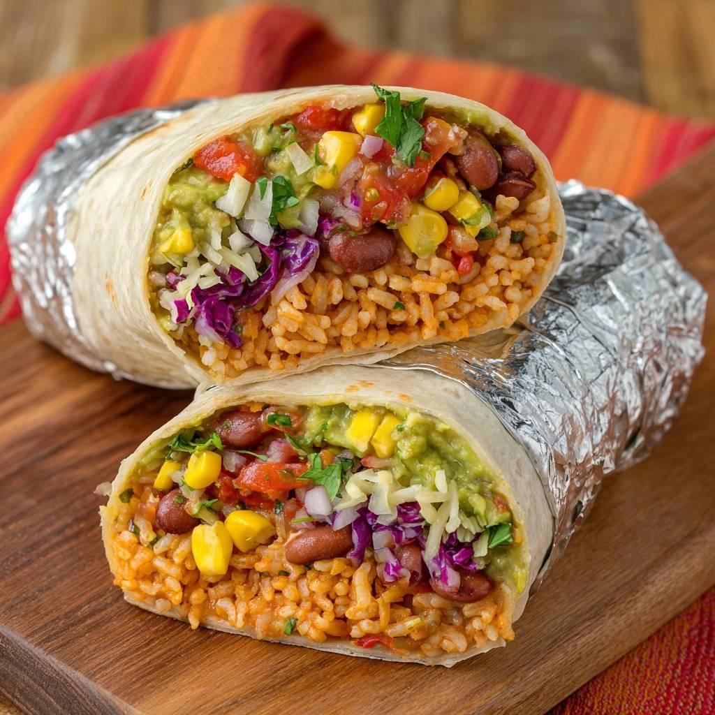 Bunte Veggie-Burritos – Nie wieder auseinanderfallend! – Nahaufnahme des angeschnittenen Burritos mit sichtbarer Füllung