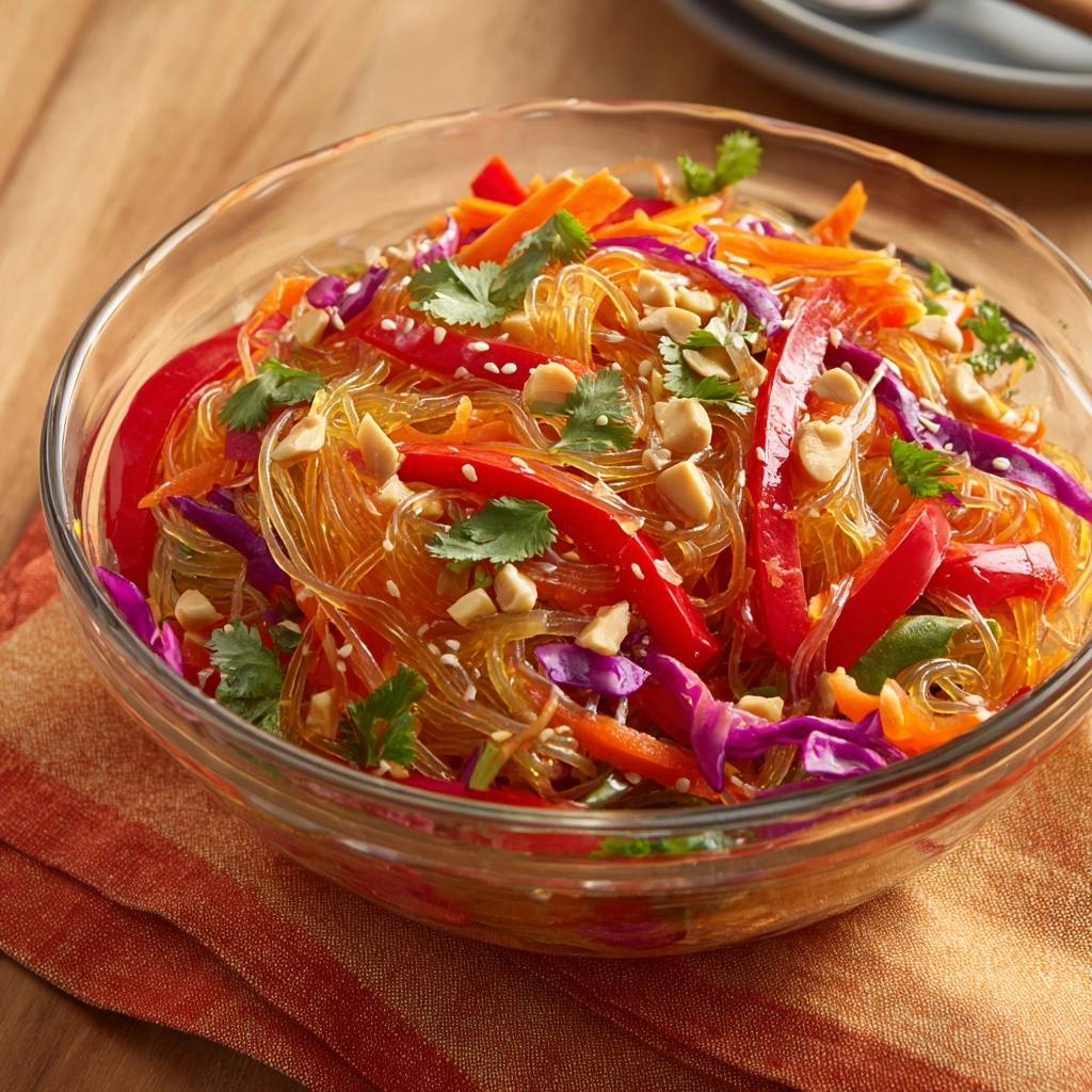 Bunter Glasnudelsalat mit Erdnüssen, nahaufnahme der frischen Zutaten und Glasnudeln in einer Schüssel.