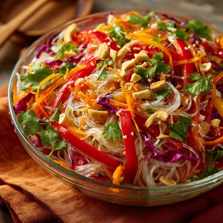 Bunter Glasnudelsalat mit Erdnüssen, knackig, in einer Glasschüssel mit Nahaufnahme der Zutaten und Garnitur.