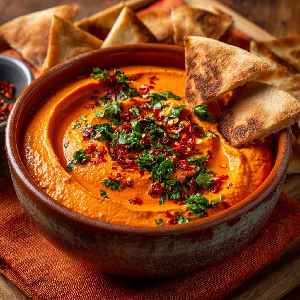 Cremiger Chili-Hummus mit Pita, garniert mit frischer Petersilie und Chiliflocken, nahaufnahme