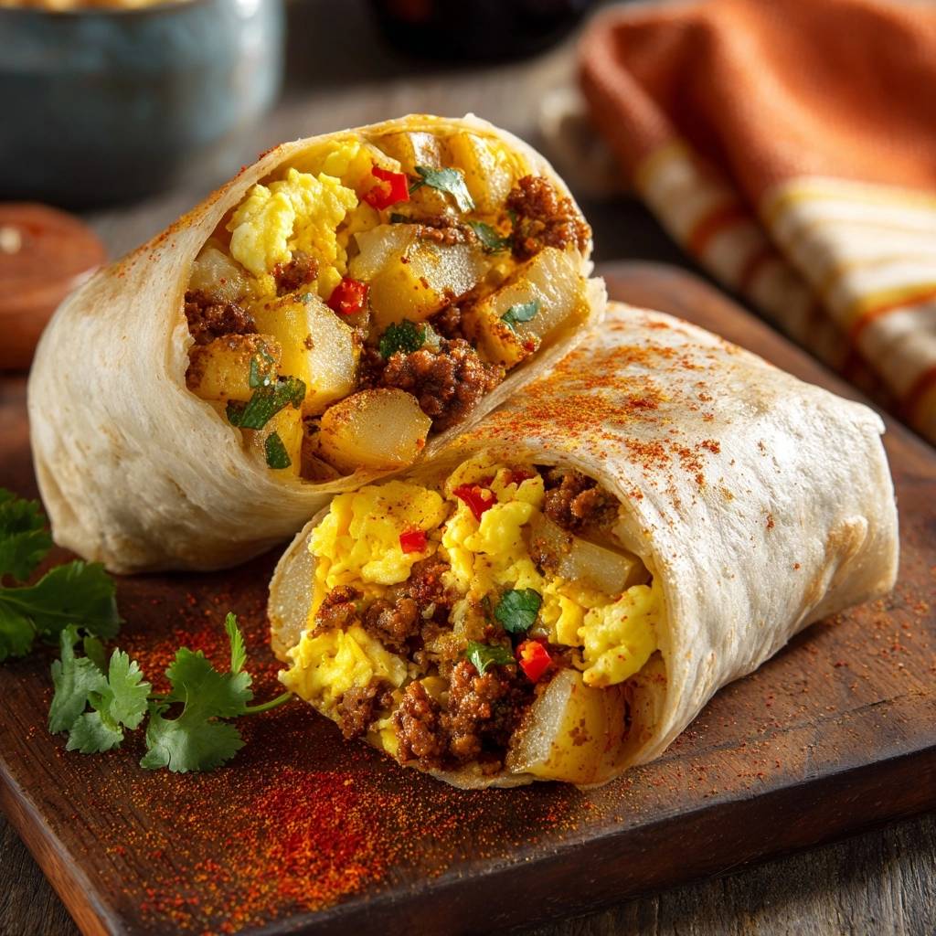 Knusprige Chorizo-Burritos mit Kartoffeln und Rührei, im Anschnitt die Füllung mit Rührei, Chorizo und Kartoffeln zeigend.