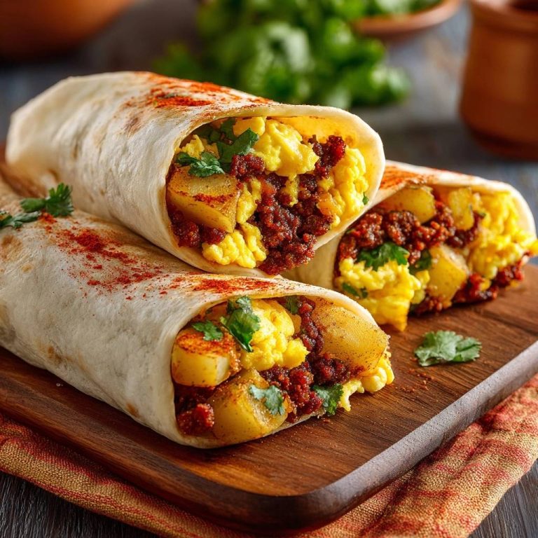 Knusprige Chorizo-Burritos mit Kartoffeln und Rührei, angeschnitten mit Blick auf die Füllung aus Rührei, Chorizo und Kartoffeln.