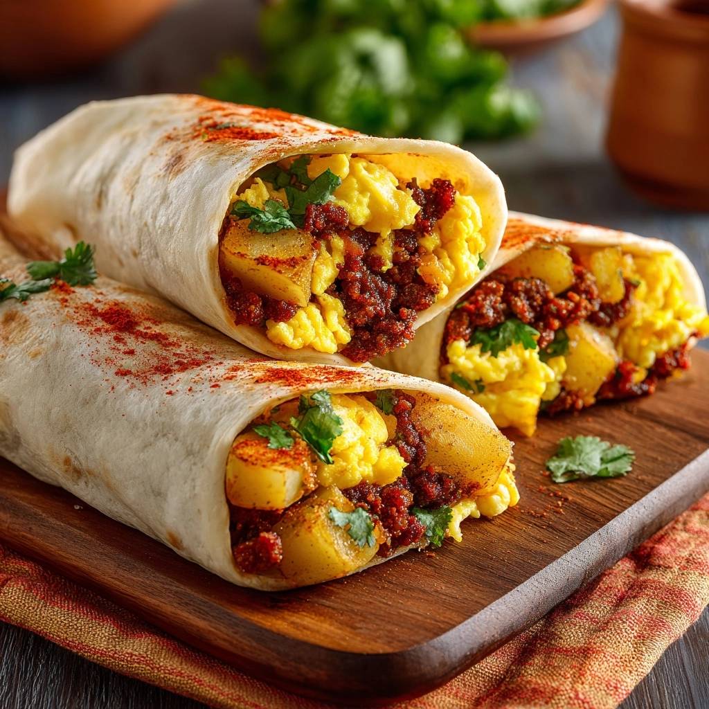 Knusprige Chorizo-Burritos mit Kartoffeln und Rührei, angeschnitten mit Blick auf die Füllung aus Rührei, Chorizo und Kartoffeln.