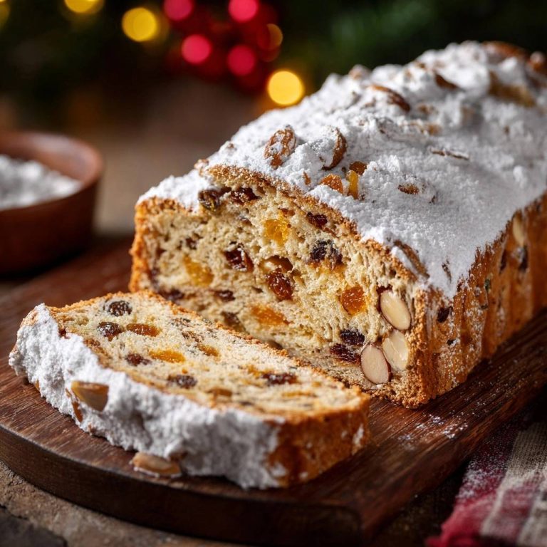 Perfekter Christstollen angeschnitten mit Puderzucker und Trockenfrüchten, auf einem Holzbrett serviert.