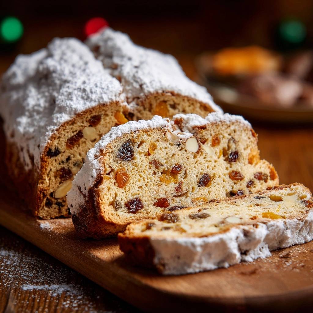 Perfekter Christstollen angeschnitten, mit Rosinen und Mandeln im Teig, bestäubt mit Puderzucker.