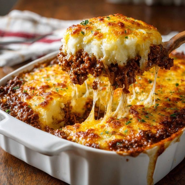 Cottage Pie – Perfekter Hackfleischauflauf mit einem köstlichen Käse-Pull beim Anheben einer Portion.