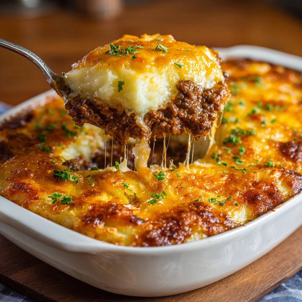 Cottage Pie – Perfekter Hackfleischauflauf mit geschmolzenem Käse und Kartoffelpüree, das aus einer Gabel gezogen wird.