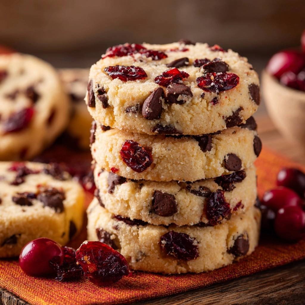 Cranberry-Orange-Schoko-Plätzchen gestapelt auf einem orangefarbenen Tuch, mit frischen Kirschen garniert.