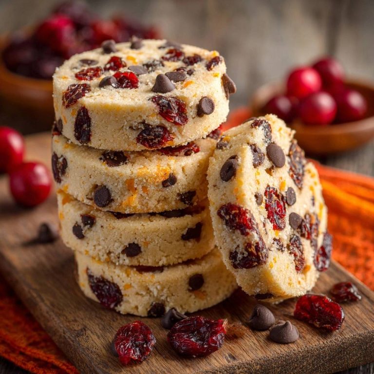 Cranberry-Orange-Schoko-Plätzchen als Stapel auf einem Holzbrett mit frischen Cranberrys und Schokostückchen daneben.