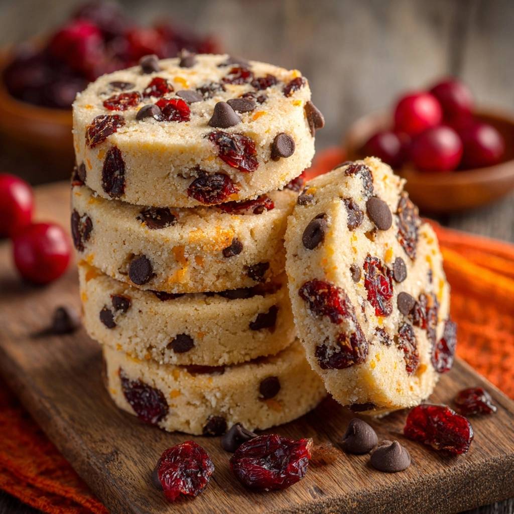 Cranberry-Orange-Schoko-Plätzchen als Stapel auf einem Holzbrett mit frischen Cranberrys und Schokostückchen daneben.