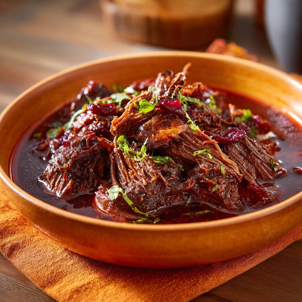 Zartes Cranberry-Rindfleischragout in einer Holzschüssel, garniert mit frischen Kräutern und Cranberries.