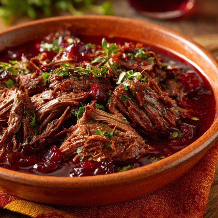 Zartes Cranberry-Rindfleischragout in einer Schüssel, mit glänzendem Sud und frischen Kräutern garniert