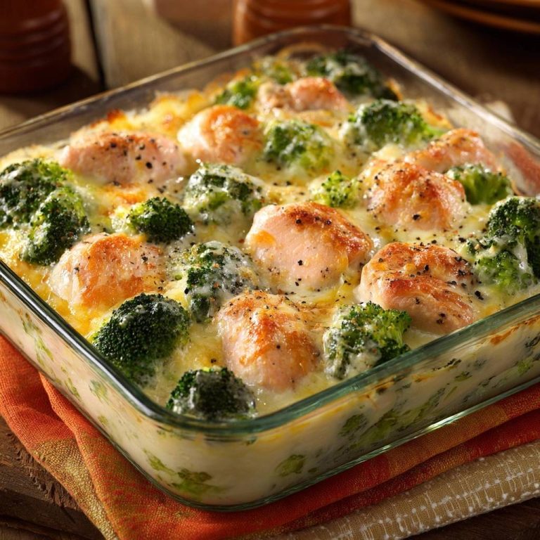 Cremiger Brokkoli-Hähnchen-Auflauf mit saftigen Hähnchenstücken und Brokkoli in cremiger Sauce, nah aufgenommen.