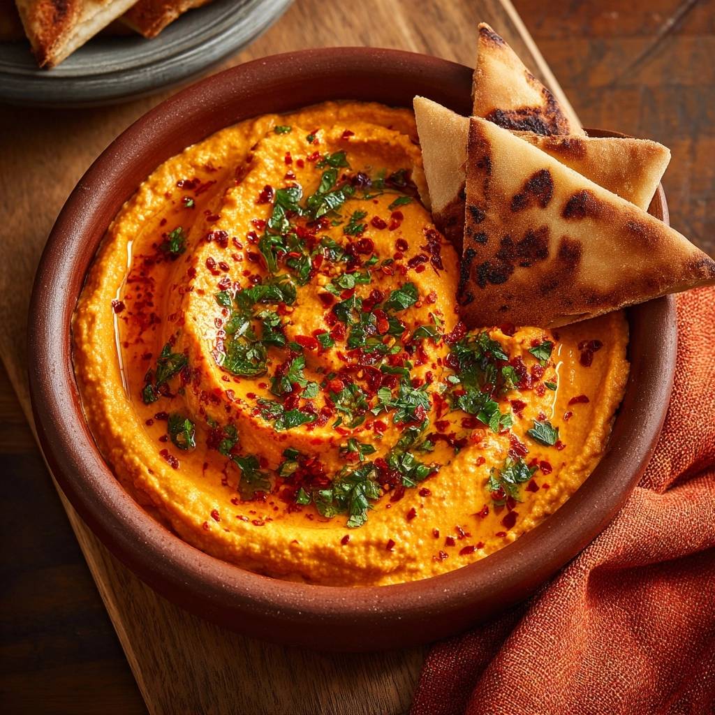 Cremiger Chili-Hummus mit Pita, garniert mit gehackter Petersilie und Chiliflocken, serviert mit geröstetem Pita-Brot.