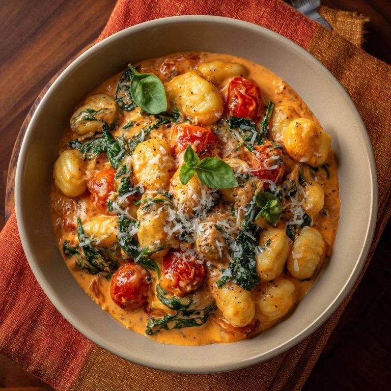 Cremige Gnocchi mit Spinat, Tomaten & Parmesan, Nahaufnahme der servierten Portion mit cremiger Sauce und garniert mit Basilikum.