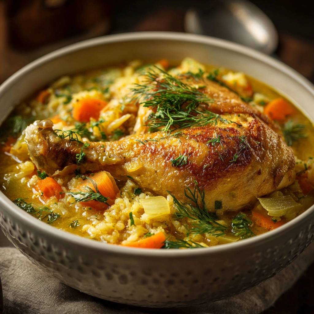 Cremiger Hähnchen-Dill-Eintopf mit Reis, Nahaufnahme des goldbraunen Hähnchenschenkels mit frischem Dill garniert.