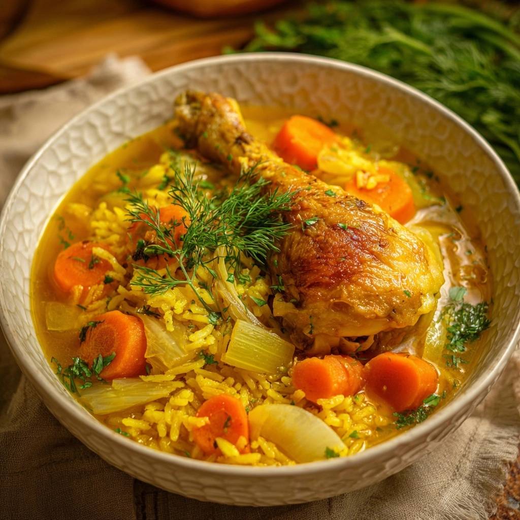 Cremiger Hähnchen-Dill-Eintopf mit Reis, präsentiert in einer Schüssel mit einem knusprigen Hähnchenschenkel und frischem Dill.