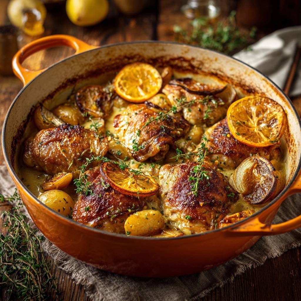 Cremiges Hähnchen mit Zitrone und Babykartoffeln, serviert in einer orangefarbenen Auflaufform mit frischen Kräutern garniert.