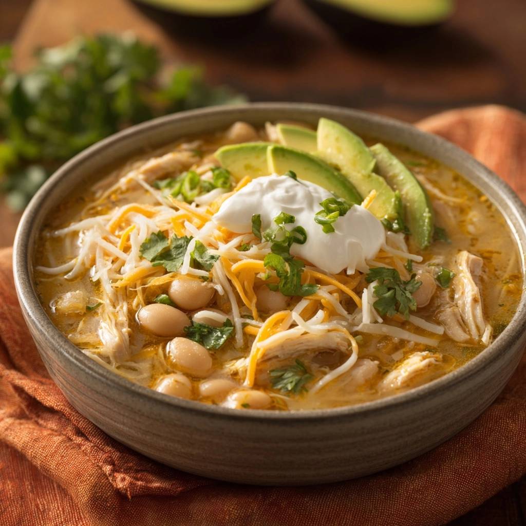 Cremiges Hähnchen-Weißbohnen-Chili, garniert mit Sauerrahm, Käse, Avocado und Koriander, in einer Schüssel serviert.