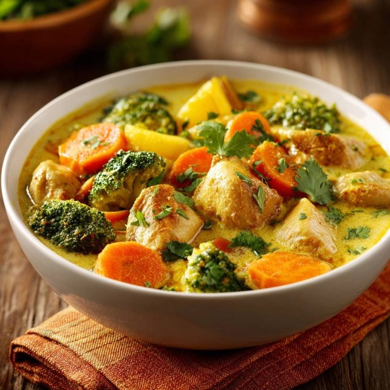 Cremiges Hühner-Curry mit Brokkoli, Karotten und Kartoffeln als Nahaufnahme in einer Schüssel serviert.