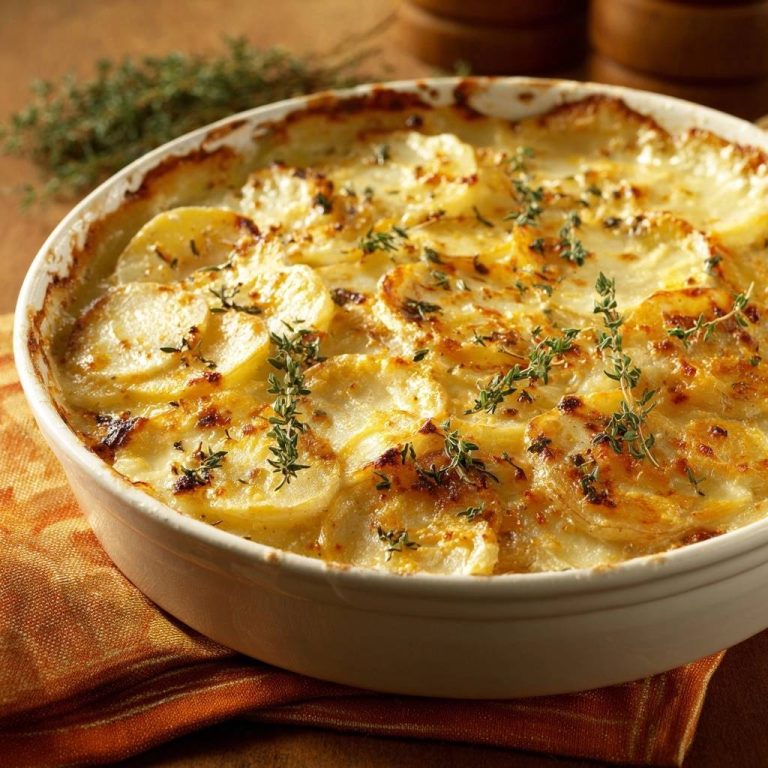 Cremiges Kartoffel-Thymian-Gratin, frisch gebacken und mit Thymianzweigen garniert, in einer weißen Auflaufform