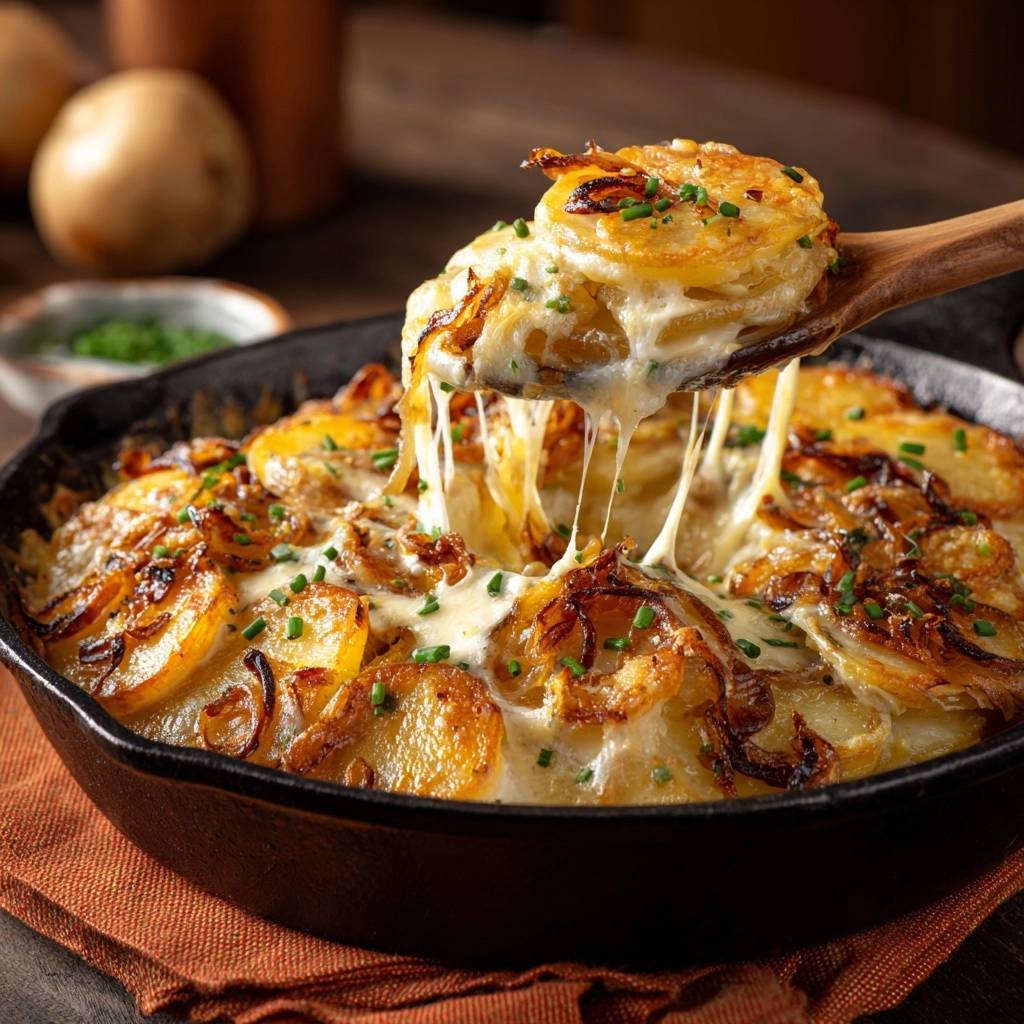 Cremiges Pfannen-Kartoffelgratin mit Käse und Schnittlauch, das heiss aus der Pfanne mit einem Holzlöffel serviert wird.