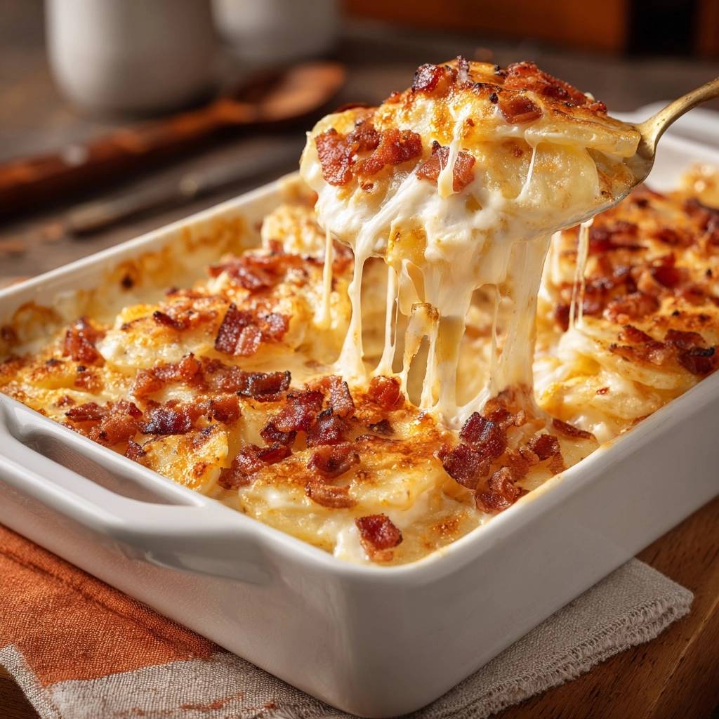 Cremiges Kartoffelgratin mit knusprigem Speck, bei dem geschmolzener Käse von einem Löffel herabhängt.