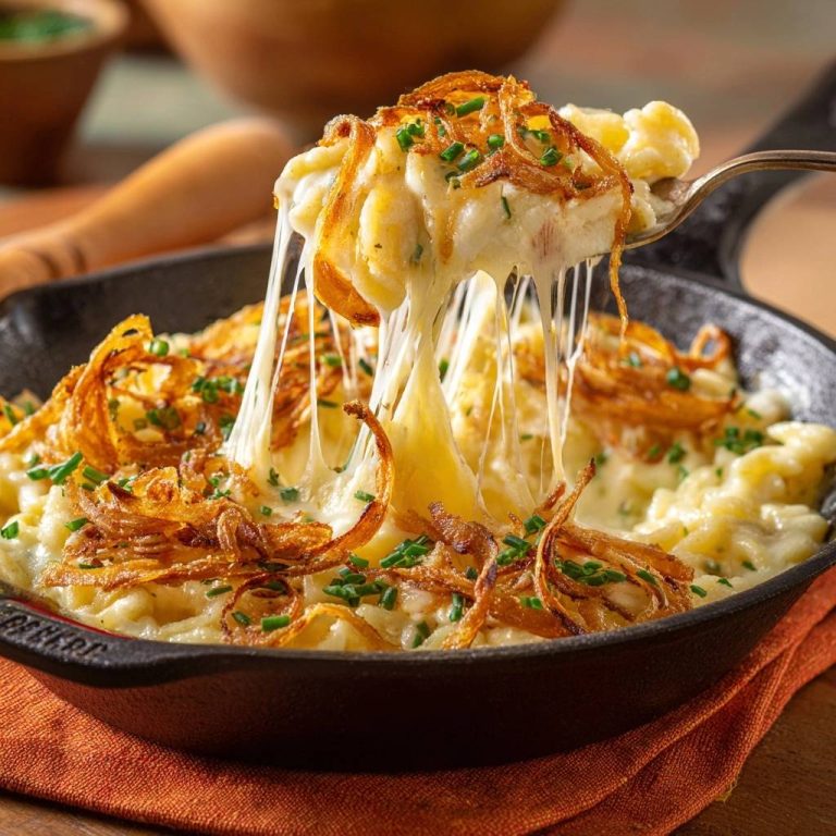 Cremiges Mac and Cheese mit knusprigen Zwiebeln, bei dem der geschmolzene Käse lang gezogen wird.
