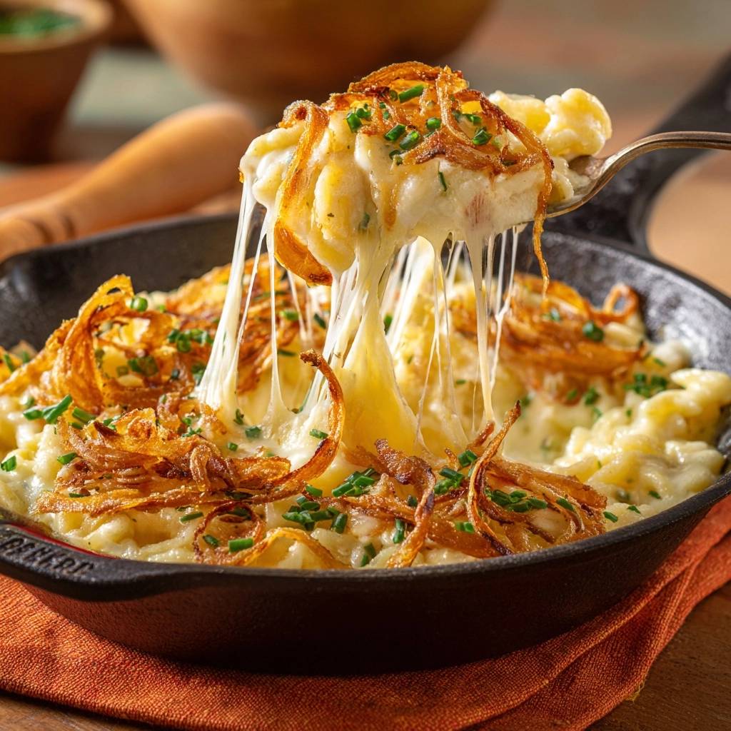 Cremiges Mac and Cheese mit knusprigen Zwiebeln, bei dem der geschmolzene Käse lang gezogen wird.