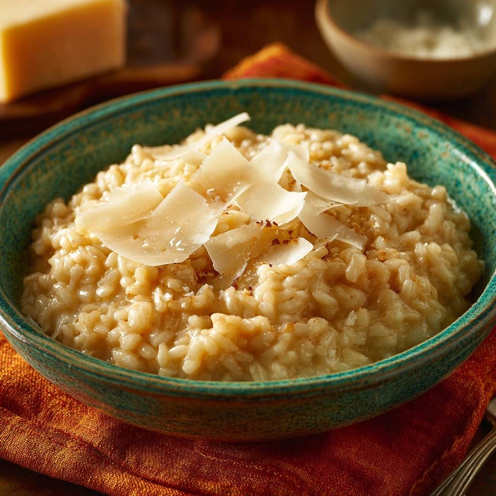 Cremiges Parmesan-Risotto, serviert in einer blauen Schüssel und garniert mit Parmesanspänen.