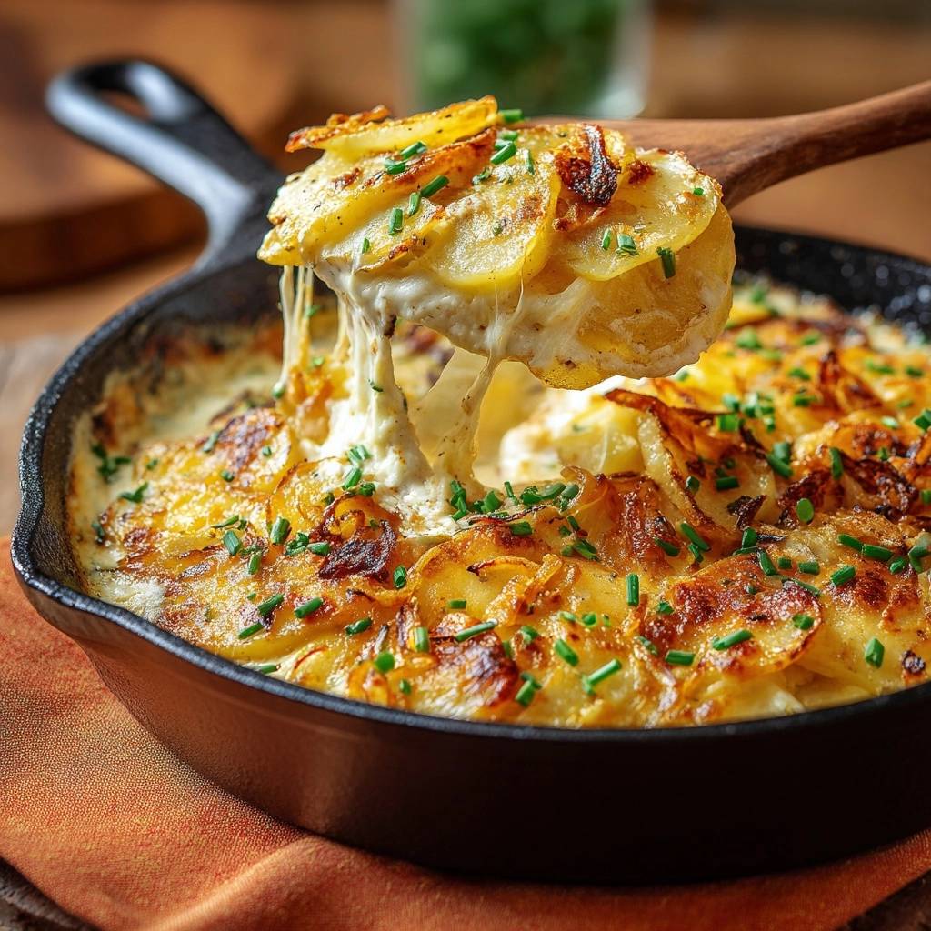 Cremiges Pfannen-Kartoffelgratin mit Käse und Schnittlauch, das auf einer Holzschaufel aus der Pfanne gehoben wird und den geschmolzenen Käse zeigt.