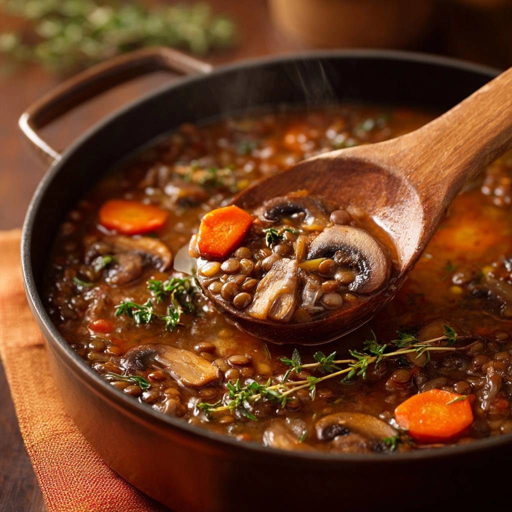 Cremiger Pilz-Linsen-Eintopf mit Linsen, Pilzen und Karotten auf einem Holzlöffel serviert.
