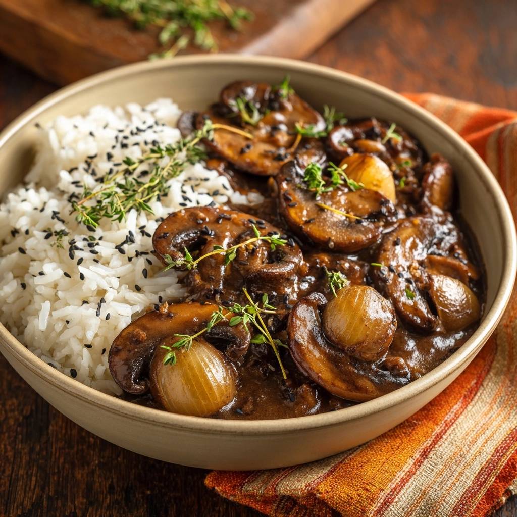 Cremiges Pilzragout mit Thymianreis, garniert mit frischem Thymian und schwarzen Sesamkörnern, in einer Schüssel serviert.