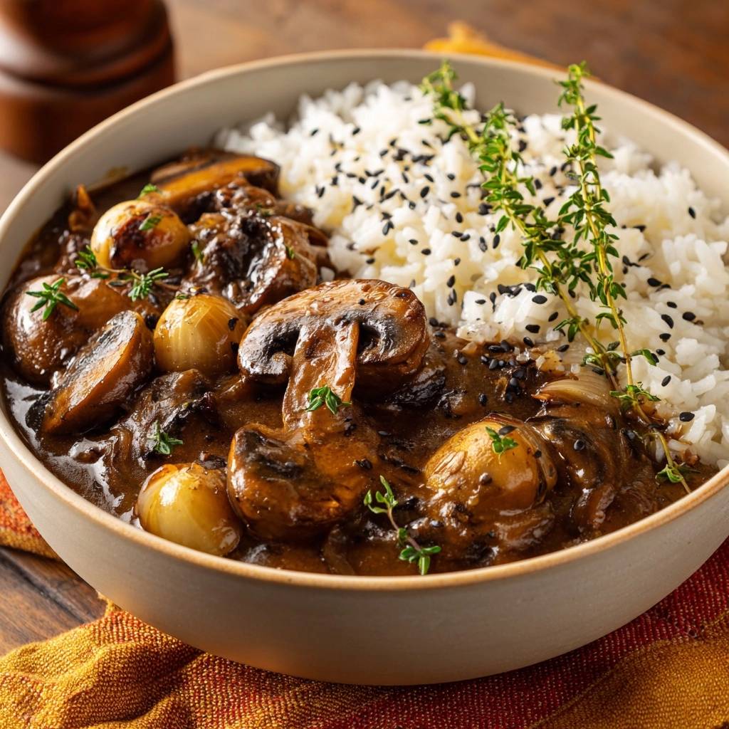 Cremiges Pilzragout mit Thymianreis, eine Nahaufnahme mit Fokus auf die Pilze und die Sauce.