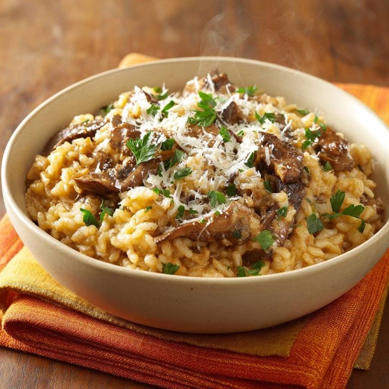 Cremiges Pilzrisotto mit Rindfleisch, garniert mit frischer Petersilie und geriebenem Parmesan, dampfend heiss serviert.