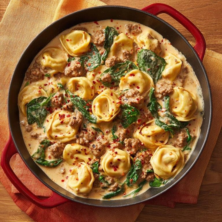 Cremige Tortellini-Pfanne mit Rinderhack und Spinat, von oben in einer gusseisernen Pfanne serviert.