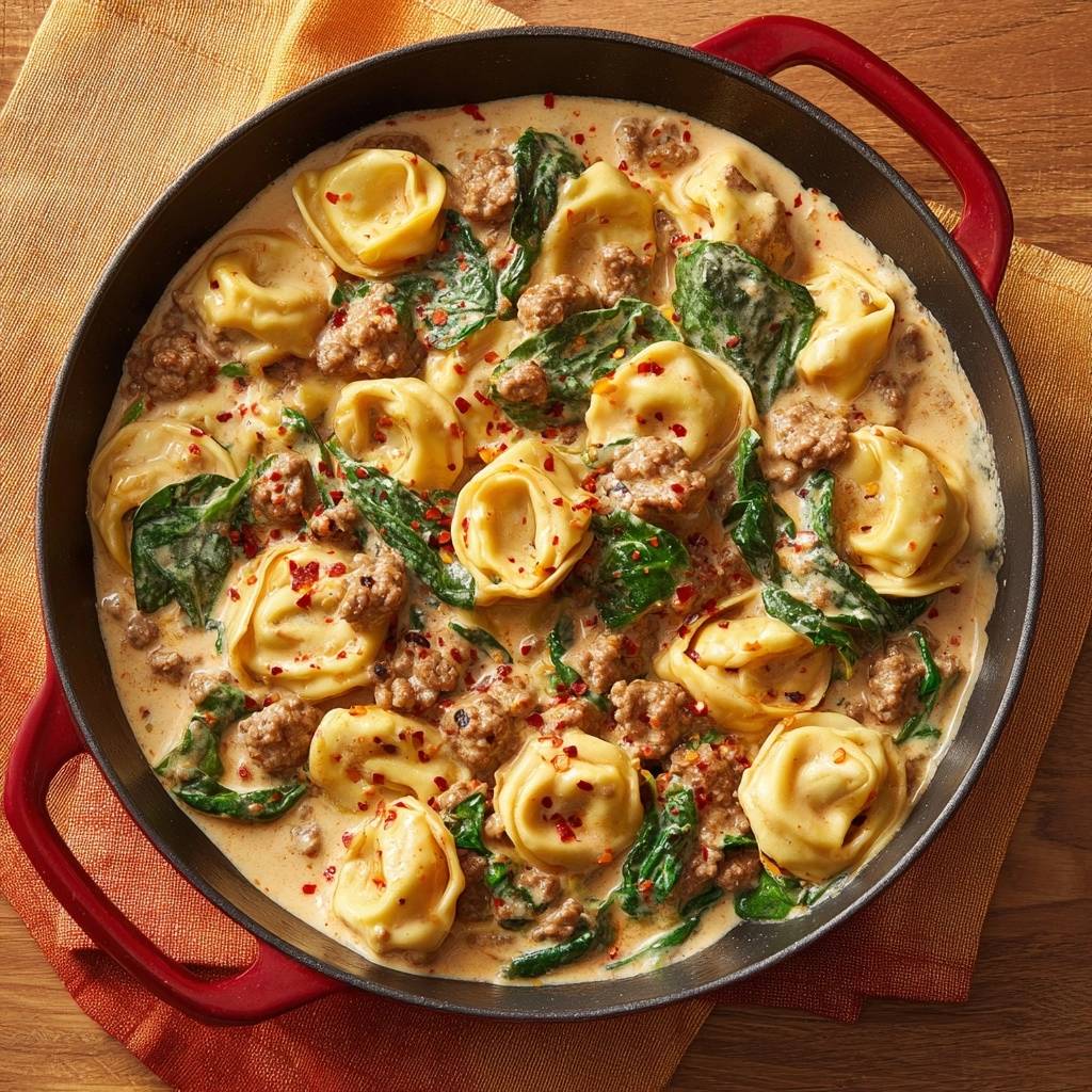 Cremige Tortellini-Pfanne mit Rinderhack und Spinat, von oben in einer gusseisernen Pfanne serviert.