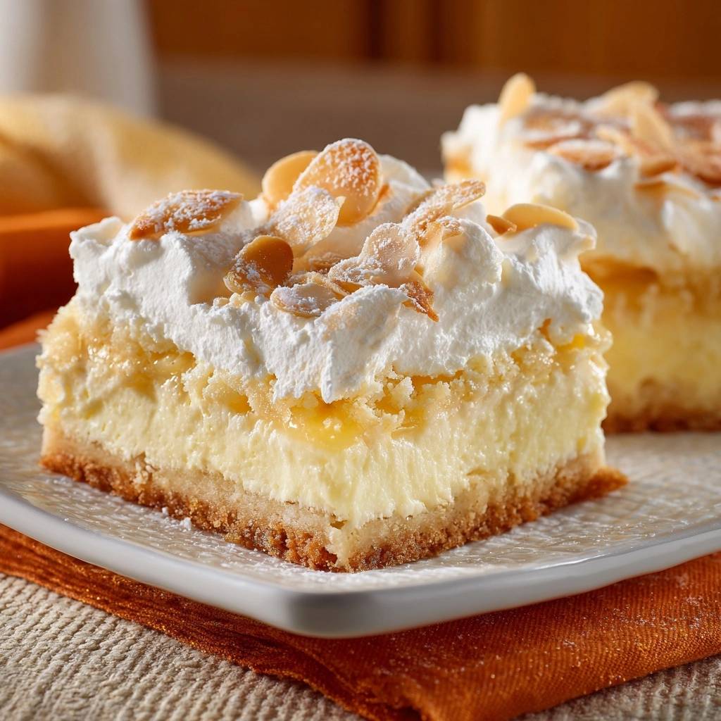 Cremiger Zitronen-Cheesecake mit Mandeln, Nahaufnahme einer einzelnen servierten Scheibe mit Sahne und Mandelsplittern.