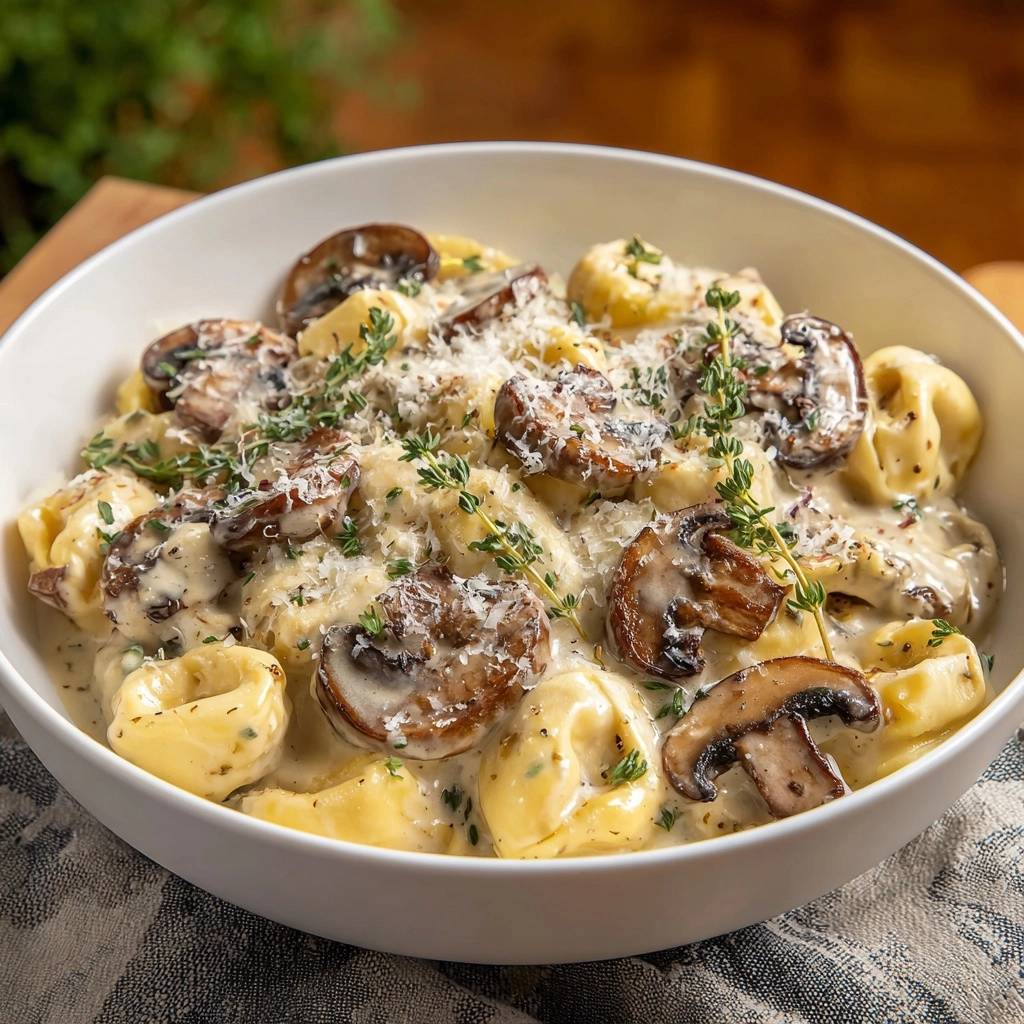 Cremige Champignon-Ravioli, nah aufgenommen und mit frischen Kräutern und geriebenem Parmesan garniert.