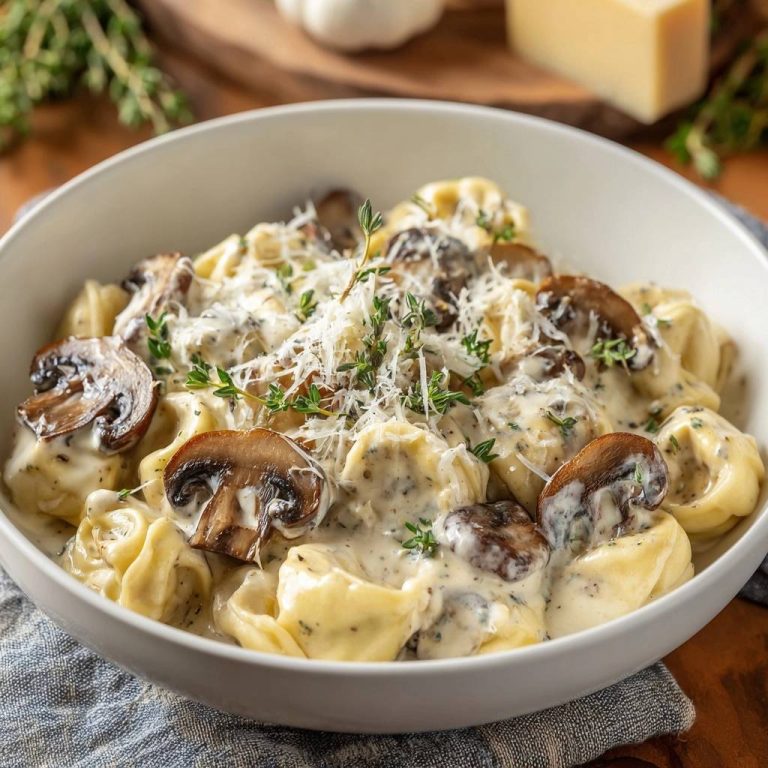 Cremige Champignon-Ravioli, nah aufgenommen und mit geriebenem Parmesan und frischen Kräutern garniert, in einer weißen Schüssel serviert.