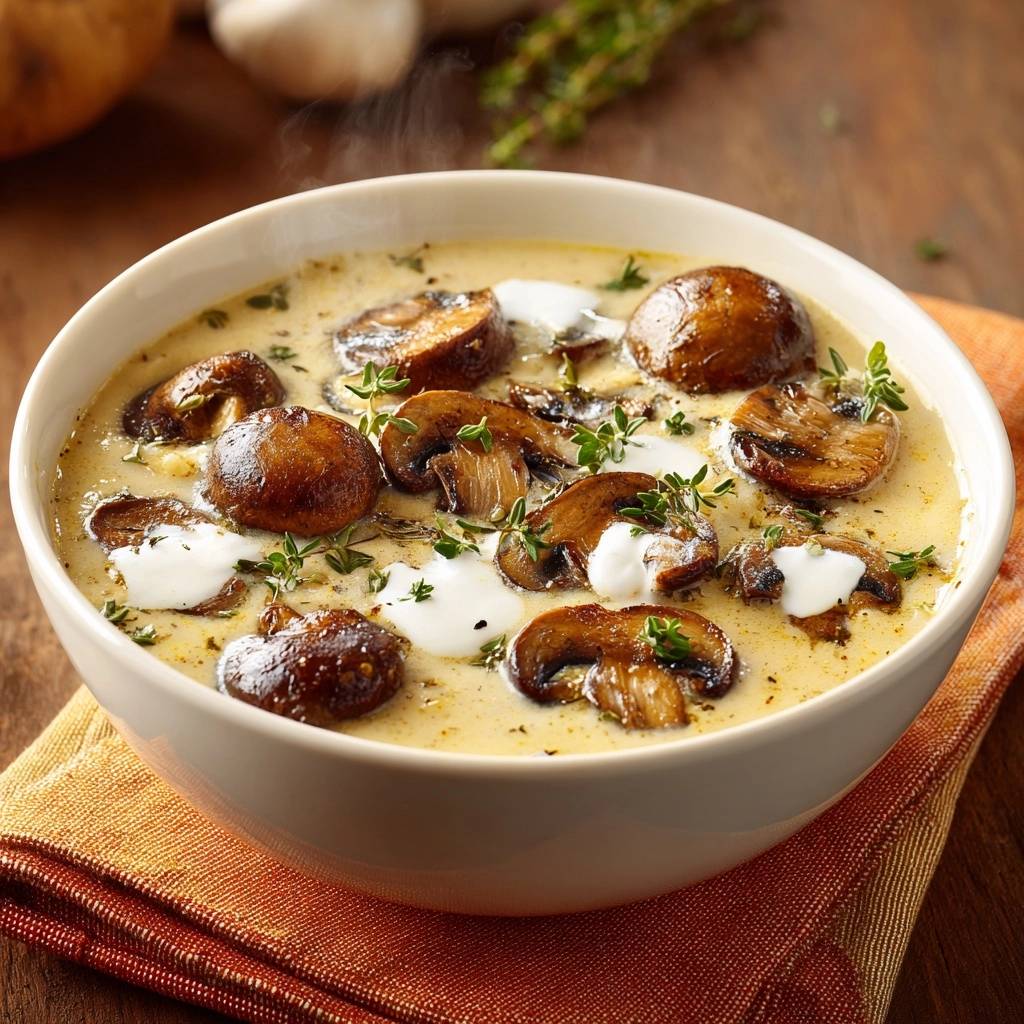Cremige Champignon-Thymian-Suppe mit frischem Thymian und einem Klecks Sahne, detailnah von oben fotografiert.