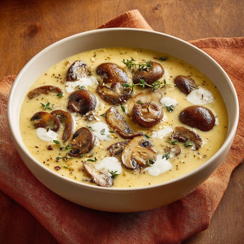 Cremige Champignon-Thymian-Suppe, serviert in einer Schüssel mit frischen Kräutern und einem Klecks Sahne garniert