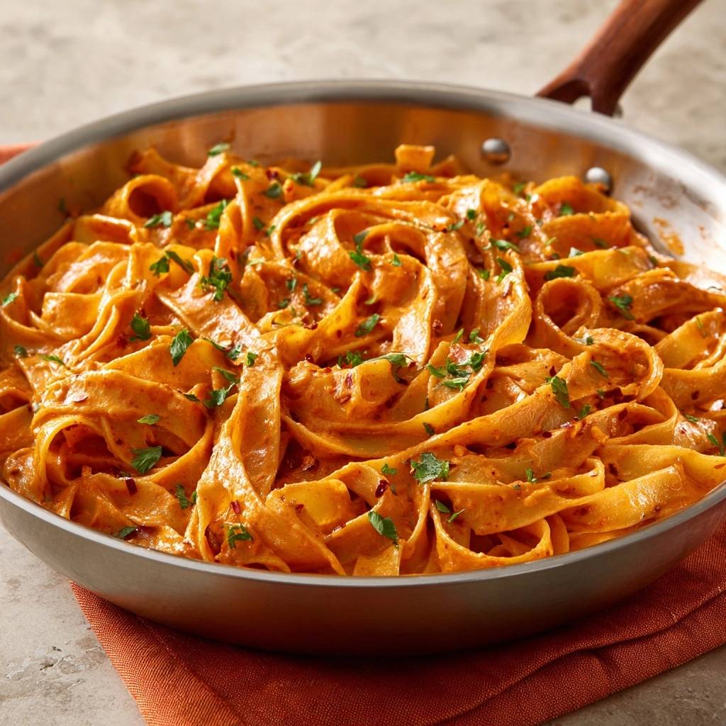 Cremige Chili-Tagliatelle, nah aufgenommen in einer Pfanne mit frischer Petersilie und Chiliflocken.