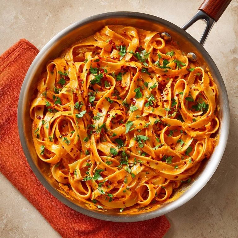Cremige Chili-Tagliatelle von oben in einer Pfanne mit Petersilie und Chiliflocken garniert