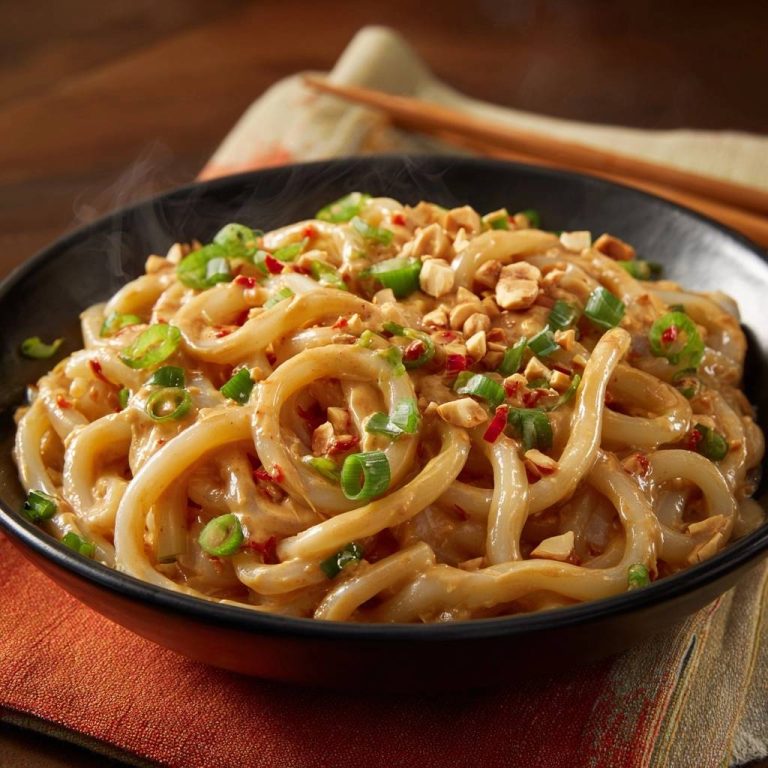 Cremige Erdnuss-Udon-Nudeln mit gehackten Erdnüssen und Frühlingszwiebeln als Garnitur, dampfend serviert.